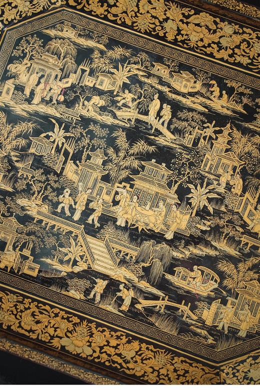 独角鹿西洋古董 中国清代出品兽爪造型精雕底座装饰园邸人物主题黑漆描金八角游戏盒 商品图6