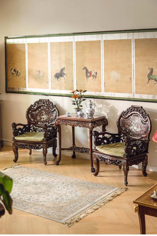 【已售】独角鹿西洋古董 中国出品龙纹硬木精雕装饰传统山水人物主题螺钿镶嵌太师椅一对 商品图0