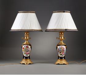 独角鹿西洋古董 19世纪末法国出品铜鎏金精雕嵌古典繁花主题手绘描金深蓝釉瓷瓶装饰布面百褶灯罩台灯一对