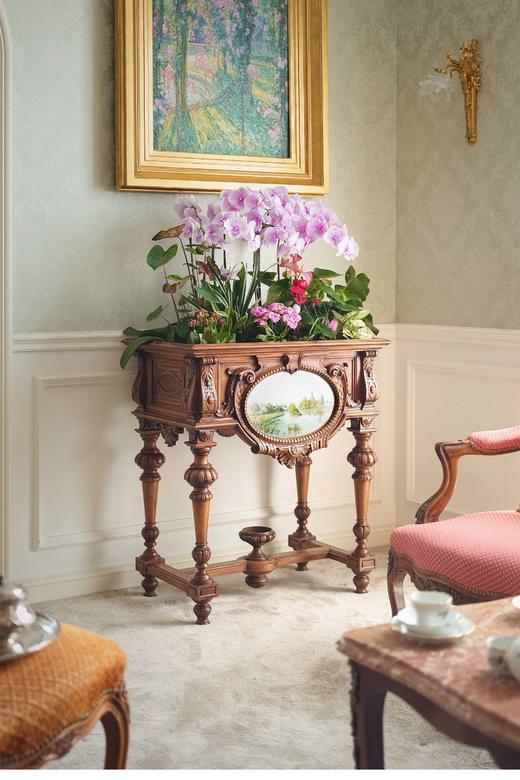 独角鹿西洋古董 新文艺复兴风格乡野风景主题手绘瓷板画装饰核桃木精雕花架花盆 商品图0