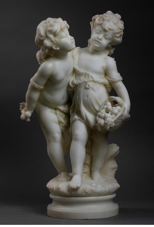 独角鹿西洋古董 19世纪法国出品人物主题大理石雕塑作品《手持果篮的孩童》 商品图0