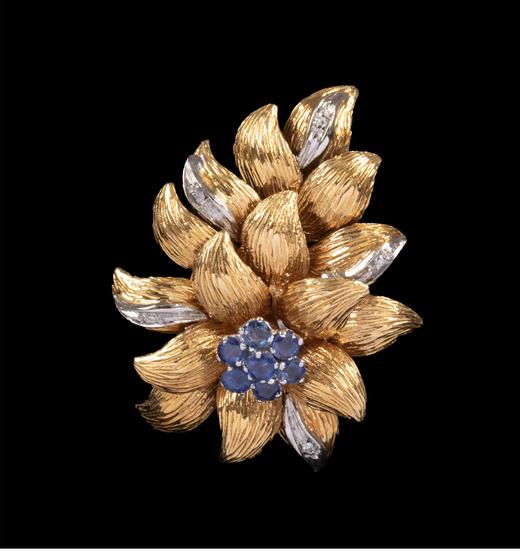 独角鹿西洋古董  意大利出品黄金白金精雕镶嵌蓝宝石及钻石花簇造型耳夹一对 商品图2