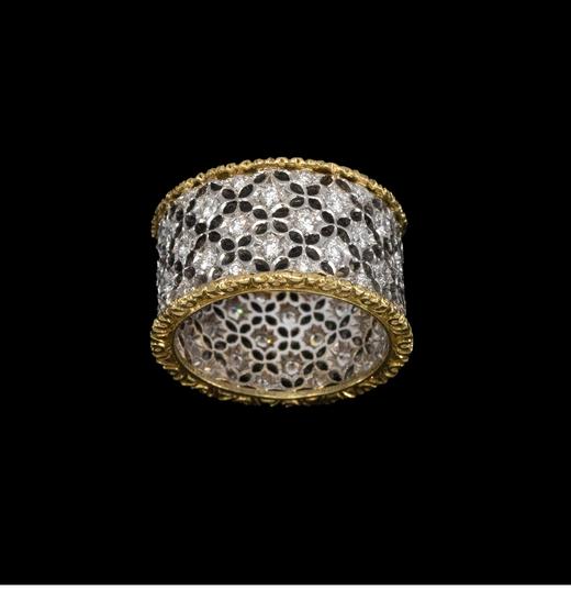 独角鹿西洋古董意大利珠宝工坊布契拉提出品Scacchi款式花叶造型18K黄金及白金镂雕镶嵌钻石戒指 商品图2