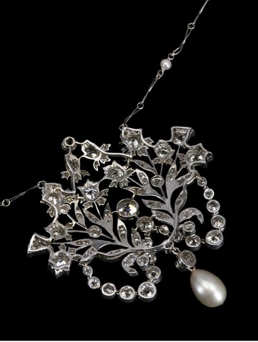 独角鹿西洋古董 1920年代法国出品美好时代风格花束造型铂金镶嵌钻石及天然海水珍珠吊坠项链 商品图5
