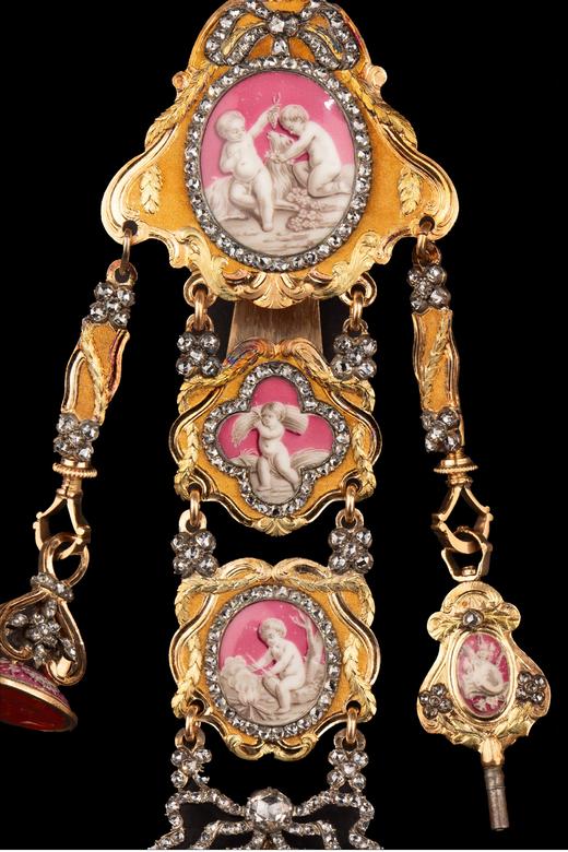 独角鹿西洋古董 瑞士Ph. Terrot & Fazy工坊签名出品18K黄金精雕镶嵌钻石及古典孩童主题珐琅彩绘腰链式怀表 商品图3