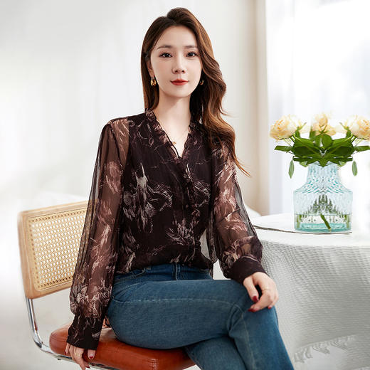 真丝衬衫女高级感韩版显瘦微透桑蚕丝印花气质上衣 商品图1