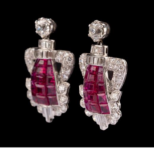 独角鹿西洋古董 英国出品装饰艺术风格铂金镶嵌红宝石及钻石耳坠一对 商品图2