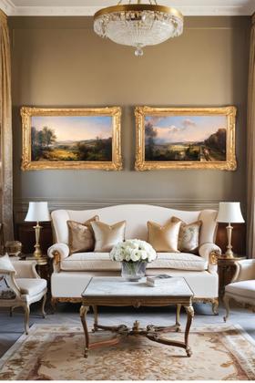 独角鹿西洋古董 法国画家François Edme Ricois签名创作风景主题布面油画客厅装饰画《马雷-马尔利》与《圣日耳曼昂莱台地》