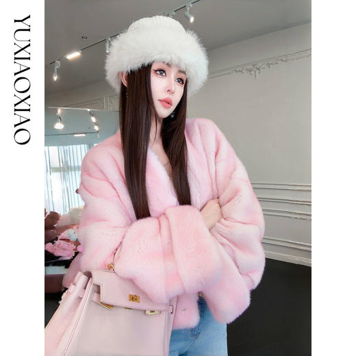 余潇潇【绝色芍药】进口天鹅绒水貂喷染双色内里桑蚕丝皮草外套 商品图0