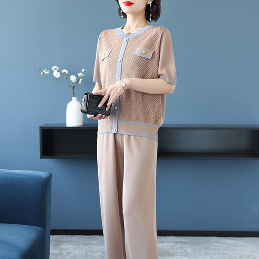 E2256气质女装中年妈妈时尚阔腿裤套装夏季短袖薄款冰丝针织休闲两件套 商品图3