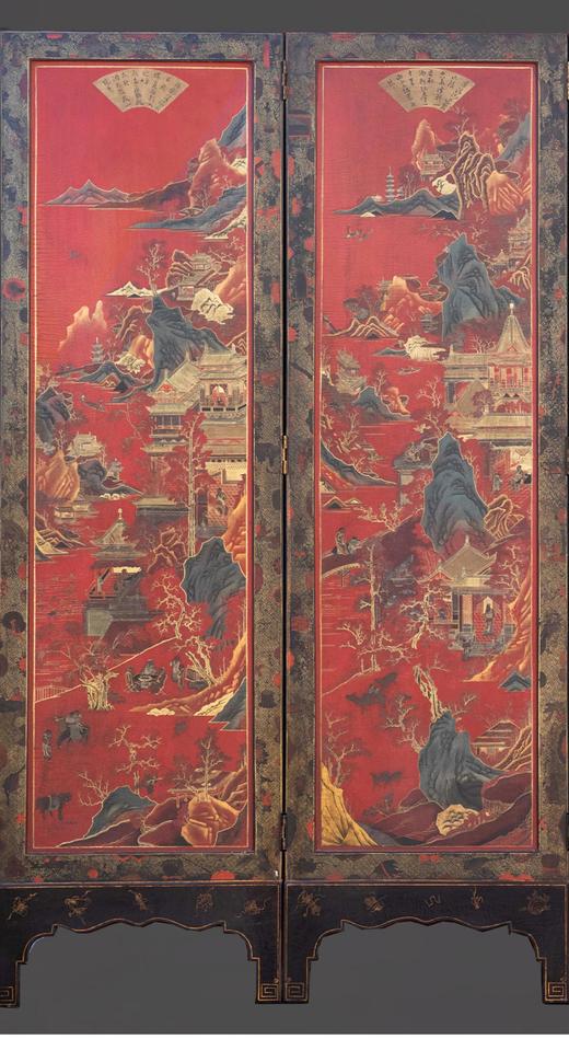 独角鹿西洋古董 19世纪中国出品山水亭台主题描金装饰红漆地款彩双面六曲屏风 商品图1