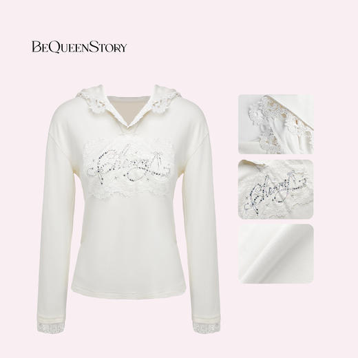 余潇潇【心动街区】莫代尔棉层次感挺阔拼蕾丝烫钻连帽空气层卫衣 商品图3