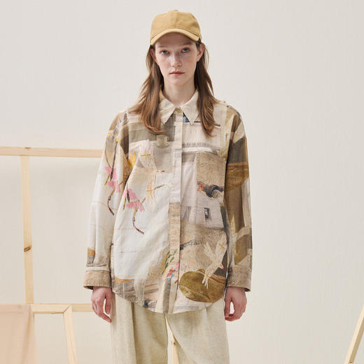 谜底大廓形衬衣长袖2025年冬季新品复古原创印花衬衫女254MC1623 商品图0