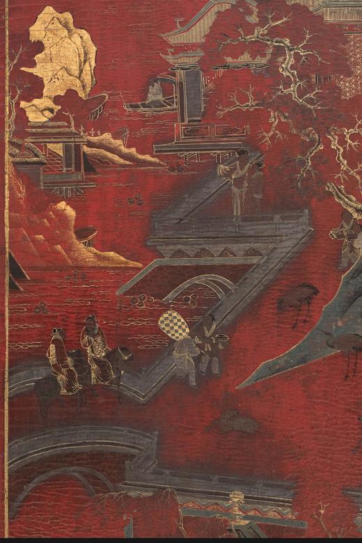 独角鹿西洋古董 19世纪中国出品山水亭台主题描金装饰红漆地款彩双面六曲屏风 商品图7