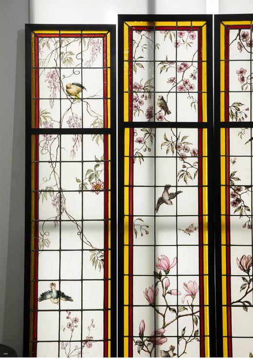 独角鹿西洋古董 19世纪末20世纪初法国新艺术时期出品雀鸟繁花主题彩绘玻璃花窗一组 商品图1