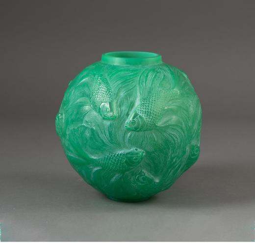 【已售】独角鹿西洋古董 法国顶级水晶工坊莱俪LALIQUE设计出品「Formose 锦鲤」主题绿色欧泊水晶花瓶摆件 商品图2