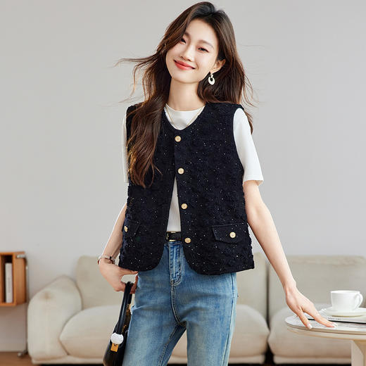 SC21-9708-168短款气质小香风马夹女2025秋季新款通勤金属扣开衫女针织衫潮马甲 商品图1