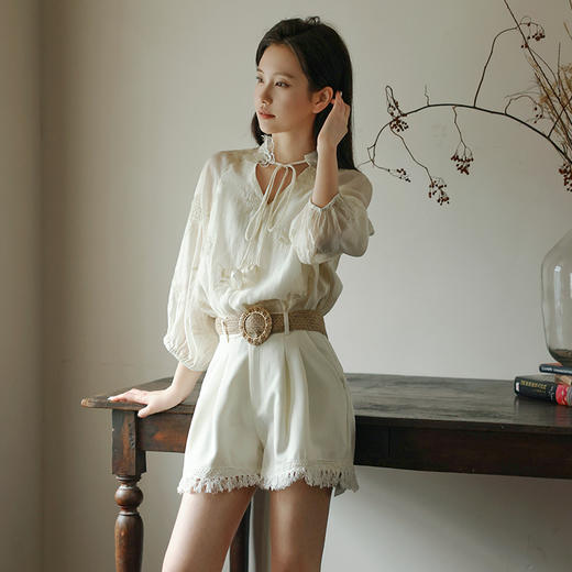 会员福利【天丝莱赛尔+刺绣】会拉夏贝尔/La Chapelle圆领立体蝴蝶系带七分袖小衫上衣2025年新款 商品图7