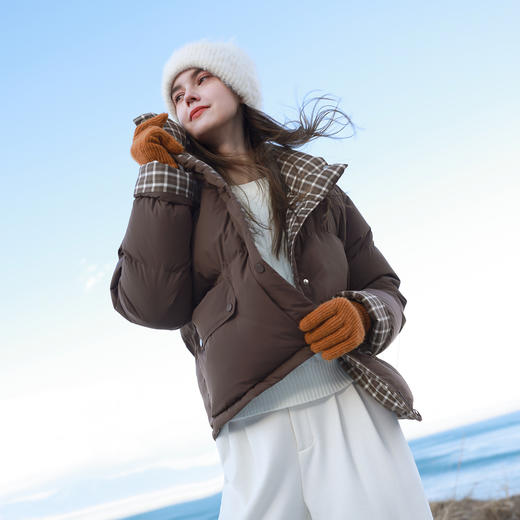 三彩2025冬季新款格纹拼接立领羽绒服90白鸭绒面包服短款M 商品图3