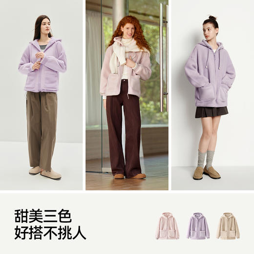 森马外套女仿羊羔毛摇粒绒双面穿宽松撞色2025冬新款连帽落肩夹克 商品图4