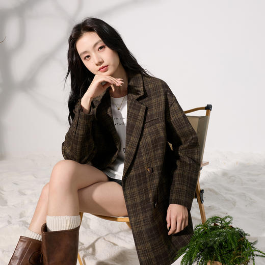 三彩2025冬季新款格纹毛呢外套复古双排扣中长宽松直筒呢大衣S 商品图3