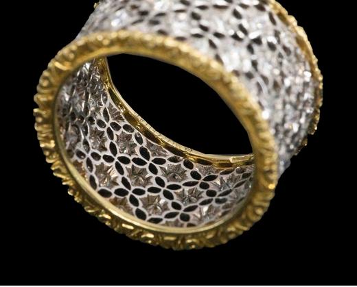 独角鹿西洋古董意大利珠宝工坊布契拉提出品Scacchi款式花叶造型18K黄金及白金镂雕镶嵌钻石戒指 商品图5
