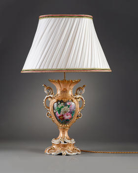 独角鹿西洋古董 19世纪末法国出品路易十五风格静物花卉主题手绘描金瓷瓶装饰布面百褶灯罩台灯