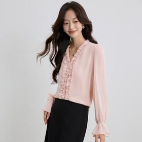 「自」全新升级【铂金会员165/天猫219/差价54】(70416)洛诗琳法式V领显瘦衬衫2025秋季新款花边拼接雪纺上衣女