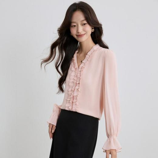 「自」全新升级【铂金会员165/天猫219/差价54】(70416)洛诗琳法式V领显瘦衬衫2025秋季新款花边拼接雪纺上衣女 商品图0