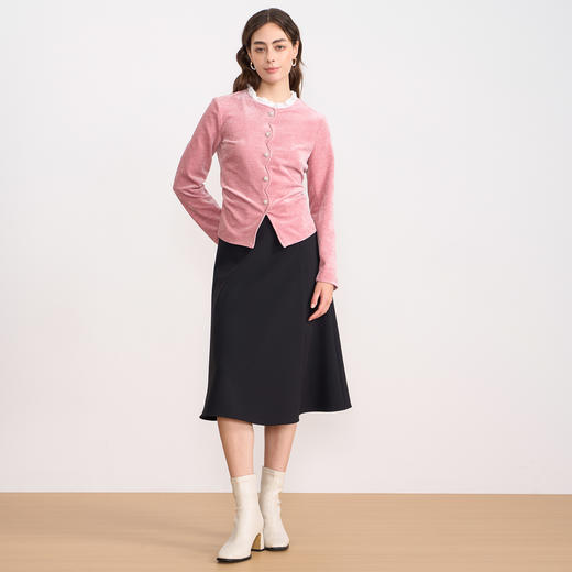 【粉色灯芯绒】EITIE爱特爱复古木耳花边领收腰2025秋冬新款衬衫D2513903 商品图3