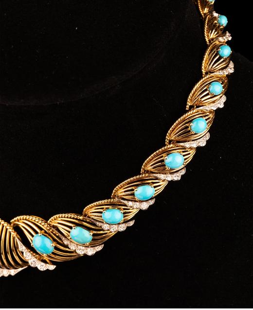 独角鹿西洋古董 法国珠宝品牌出品编织纽纹造型18K黄金白金镶嵌钻石及绿松石项链 商品图3