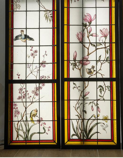 独角鹿西洋古董 19世纪末20世纪初法国新艺术时期出品雀鸟繁花主题彩绘玻璃花窗一组 商品图2