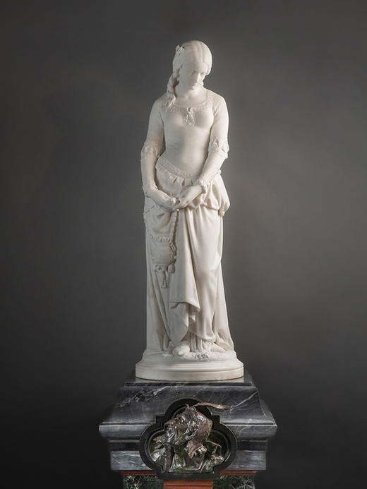 独角鹿西洋古董1870年代法国雕塑家Emile BOISSEAU签名创作大理石底座嵌梅菲斯特头像青铜精雕装饰人物主题卡拉拉大理石雕塑作品《玛格丽特》 商品图0