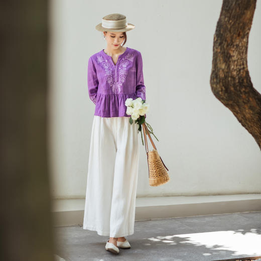 【林栖设计小店】【林栖推荐】薰衣草紫亚麻呼吸透气清爽V领上衣女N1953332 商品图3