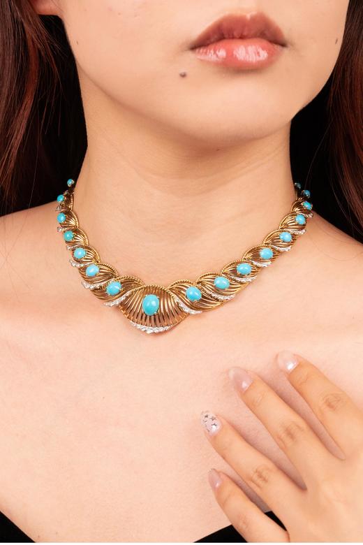 独角鹿西洋古董 法国珠宝品牌出品编织纽纹造型18K黄金白金镶嵌钻石及绿松石项链 商品图1