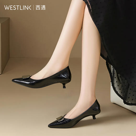 西遇细跟尖头单鞋女新款秋季法式方扣不累脚高跟鞋浅口猫跟鞋V1857132 商品图3