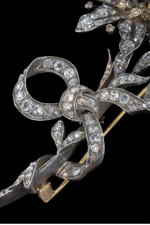 独角鹿西洋古董 1880年代法国出品蝴蝶结花束造型黄金底纯银镶嵌钻石En Tremblant颤动式胸针 商品图4