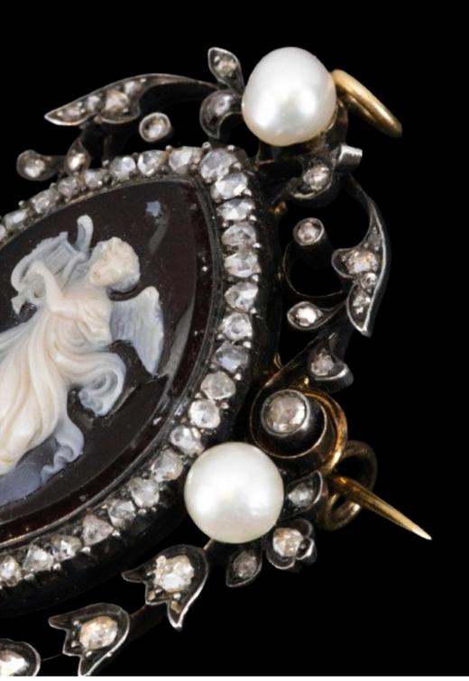 独角鹿西洋古董 19世纪欧洲出品黄金底纯银镶嵌天然海水珍珠钻石及天使奏乐主题卡梅奥玛瑙浮雕胸针/吊坠 商品图4