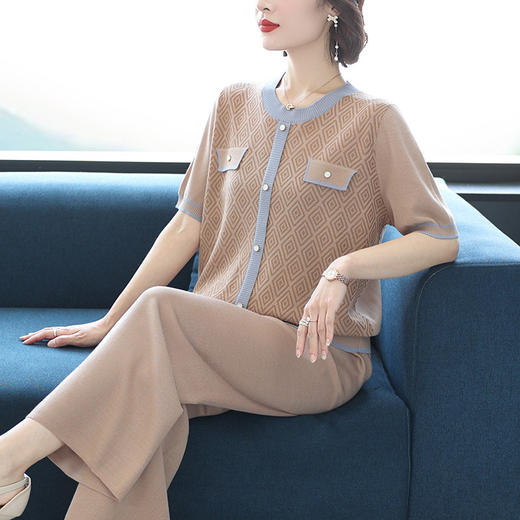 E2256气质女装中年妈妈时尚阔腿裤套装夏季短袖薄款冰丝针织休闲两件套 商品图0