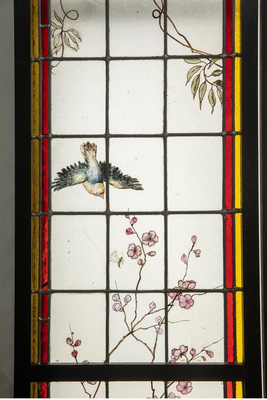 独角鹿西洋古董 19世纪末20世纪初法国新艺术时期出品雀鸟繁花主题彩绘玻璃花窗一组 商品图5