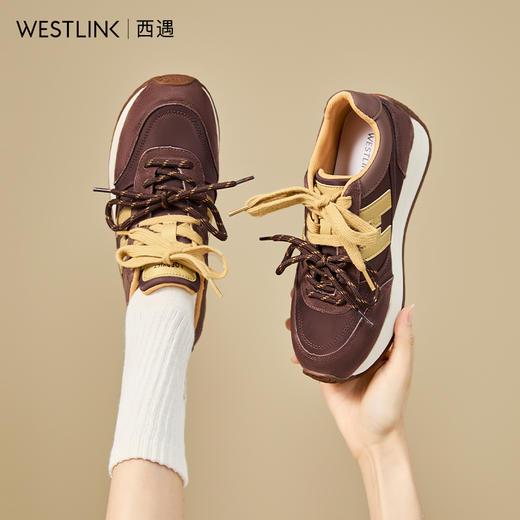 西遇德训鞋女新款秋季复古撞色系带休闲鞋红色软底轻便运动鞋V1857073 商品图2