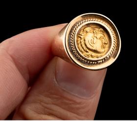 独角鹿西洋古董 18K黄金戒托镶嵌古希腊出品亚历山大大帝收藏级中古金币戒指