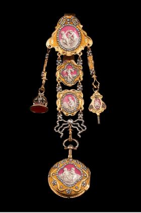 独角鹿西洋古董 瑞士Ph. Terrot & Fazy工坊签名出品18K黄金精雕镶嵌钻石及古典孩童主题珐琅彩绘腰链式怀表