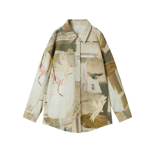 谜底大廓形衬衣长袖2025年冬季新品复古原创印花衬衫女254MC1623 商品图4