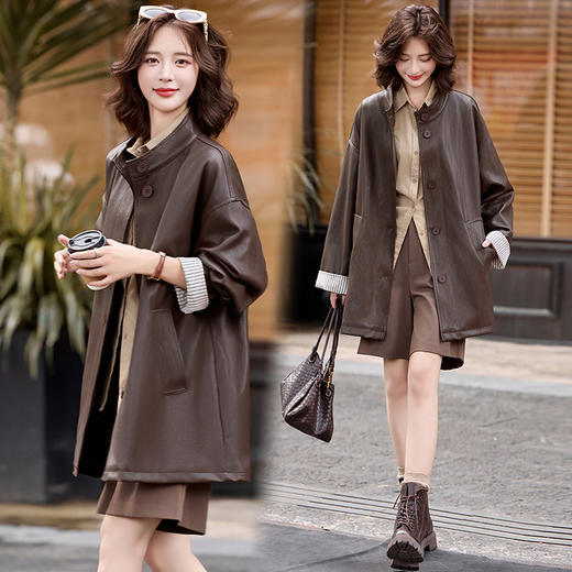 休闲风皮衣外套复古长袖，百搭条纹袖拼接中长款上衣HR-MLJL17029 商品图1