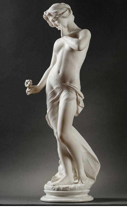 独角鹿西洋古董 19世纪末20世纪初意大利雕塑名家Fratelli Pugi兄弟签名创作新艺术风格卡拉拉大理石雕塑作品《持花少女》 商品图1