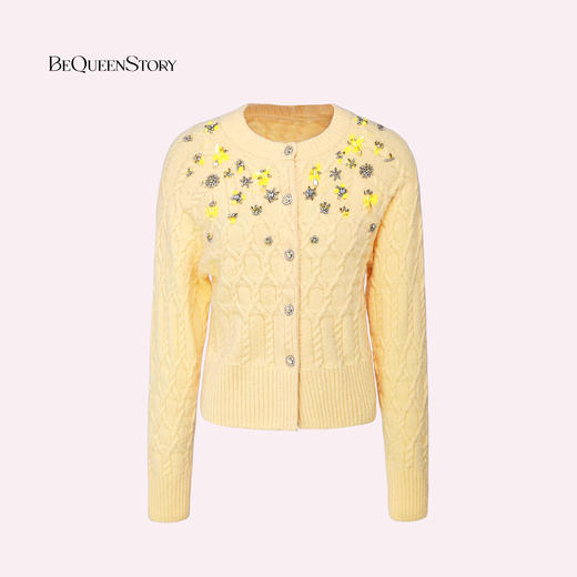 余潇潇【柠檬梦幻曲】绵羊毛纱线重工精致海浪纹手缝钻圆领羊毛开衫 商品图0