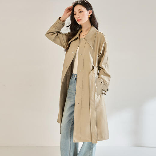 「高货sh」全新升级【铂金会员468/天猫629/差价161】(70633)洛诗琳新款高级感斜纹皮革风衣2025秋季简约长款收腰外套 商品图2