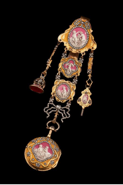 独角鹿西洋古董 瑞士Ph. Terrot & Fazy工坊签名出品18K黄金精雕镶嵌钻石及古典孩童主题珐琅彩绘腰链式怀表 商品图2