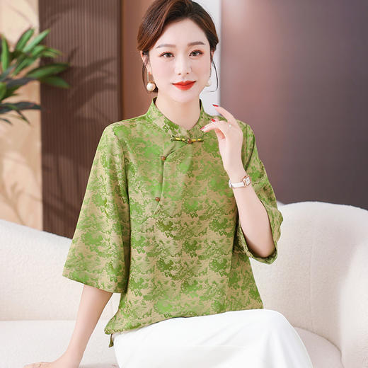 W012-9903-80-新中式国风真丝盘扣上衣加肥加大码新款中老年妈妈夏装桑蚕丝t恤 商品图3